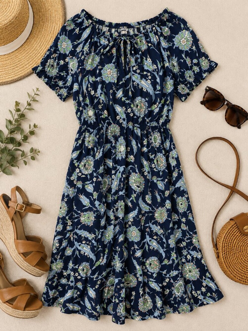 Navy Floral Off-Shoulder Summer Dress